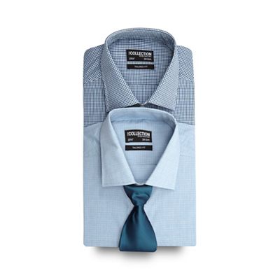 The Collection Big and tall set of two blue checked tailored fit shirts with a blue tie